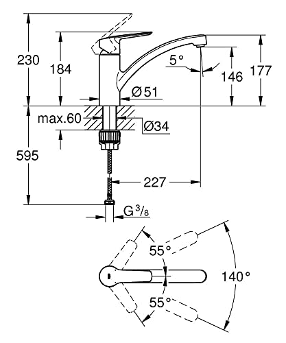Grohe 32441002 Start New Miscelatore Monocomando Per Lavello A Bocca Girevole 140° Limitatore Di Flusso Regolabile Quickfix Cromato - 5