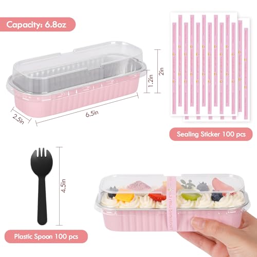 100 Pack Mini Loaf Pans with Lids and Spoons Sealing Sticker, 6.8oz Mini Cake Pans for Baking, Disposable Aluminum Foil Loaf Pans, Pink Loaf Baking Pans, Small Cake Containers With Lids