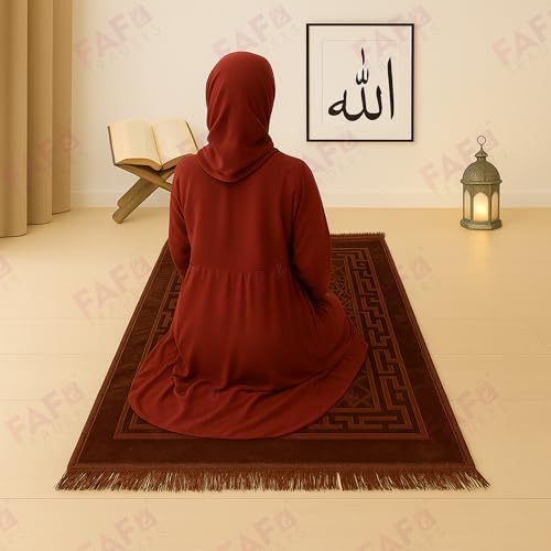 Image of Modern Premium Janamaz Prayer Mat Musalla Soft Velvet Mat For Salah Musallah And Namaz, 20 Cm, 10, Brown, Rectangular