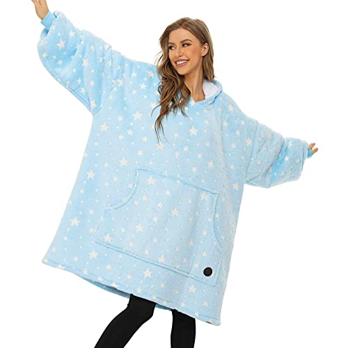 THREE POODLE Sherpa Wearable Blanket Hoodie (Luminous Blue, Adult)