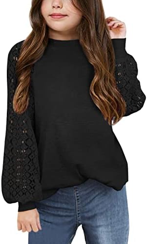 Apbondy Girls Long Sleeve Shirts Casual Crew Neck Lace Loose Blouse Tops Black