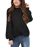 Apbondy Girls Long Sleeve Shirts Casual Crew Neck Lace Loose Blouse Tops Black