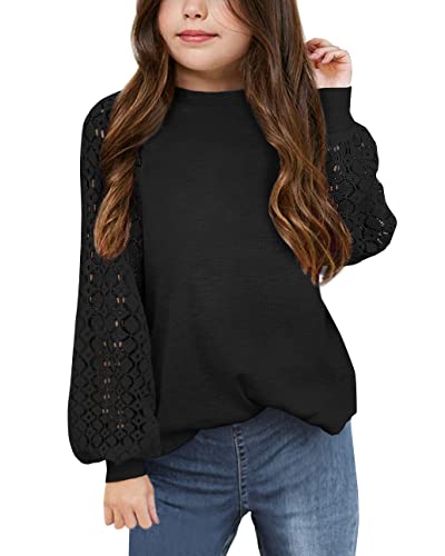 Apbondy Girls Long Sleeve Shirts Casual Crew Neck Lace Loose Blouse Tops Black #TOP3