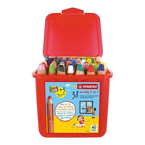 STABILO - Buntstift, Wasserfarbe & Wachsmalkreide - woody 3 in 1-38er Box und 3 Spitzer