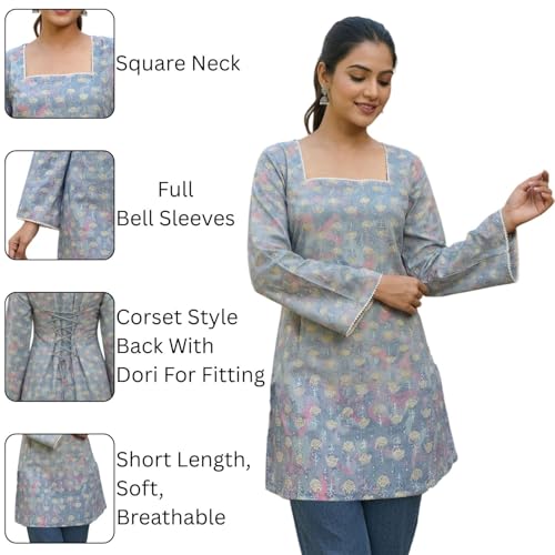 Image of Sun Fashion And Lifestyle Cotton Blend Printed Straight Short Length Kurti for Women | Short Kurti for Women | Ladies Ethnic Tunic | Bell Sleeve Short Kurti | Corset Back Kurti | Short Tunic Top