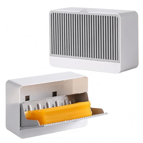 Image of Plastic Creative Wall Mounted One & Two Bar Bathroom Soap Box Holder Soap Dish with Drainage Box Soap Box with Lid Double Grid Soap Draining Rack (1, Door Soap Dish)(Multicolor)
