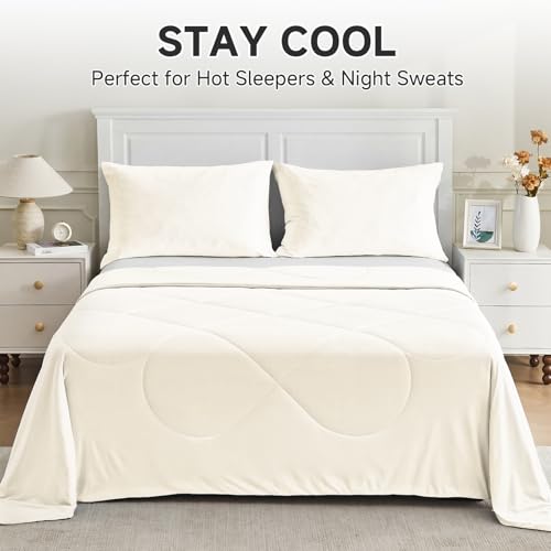 Image of HOMFINE Cooling Comforter Queen Size, Beige Summer Cooling Blanket for Hot Sleepers and Night Sweats, Japanese Double-Sided Cold Tech Fabric Q-Max 0.45, Soft Breathable Silky Smooth Lightweight