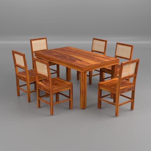 Image of Solid Sheesham Wood 6 Seater Dining Table Set with Chairs for Dining Room | Living Room | Home & Office | Hotels Restaurant & Cafe (6 Seater, Honey Finish)