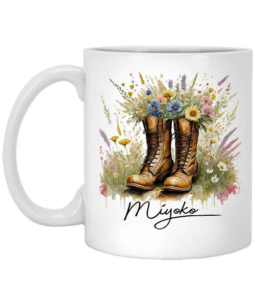 Floral Girl Boots and Flower Name Personalized Name Miyoko 11oz White Mug  Gift, Gift for Her, Western Girl Boots Coffee Mug, Birthday Gift 182243
