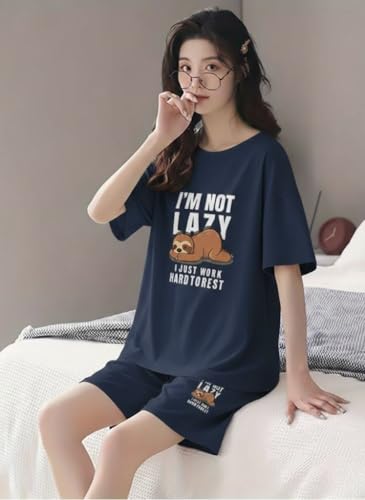 Image of Women Korean Cotton Blend Night Suit | Printed Shorts Sleepwear Set | Short Night Dress Set for Women | Soft Printed T-Shirt & Shorts Pajama Set | Comfortable Summer Nightwear for Ladies & Girls