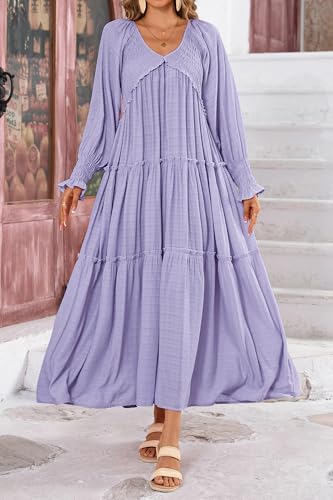 Women Summer Casual V Neck Long Sleeve Maxi Dresses 2025 Solid Ruffle Tiered Pleated Flowy Long Wedding Guest Dress4
