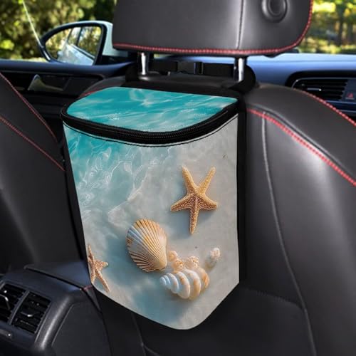 Image of Talayituse Starfish Beach Seahells Print Car Trash Can with Lid, Leak Proof Auto Trash Bag Hanging Vehicle Garbage Can Multipurpose Storage Container for Back Seat Road Trip