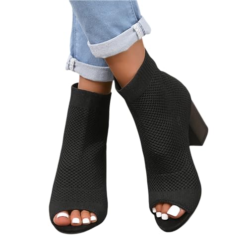 Womens Open Toe Knit Chunky Block Heels Sandal Summer Casual Slip On Breathable Sock Boots Fashion High Heel Booties for Women