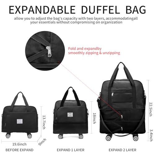 Rolling Duffle Bag with Wheels Foldie Travel Bag Expandable Foldable Rolling Tote Bags Overnight with Detachable Wheels Carry On Luggage for Men Women Black2