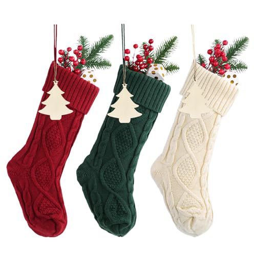 Cable Knit Christmas Stockings Set of 3, 18 Inch Large Xmas Stocking Christmas Fireplace Decorations with Name Personalized Crafts or Family Holiday Party Decor