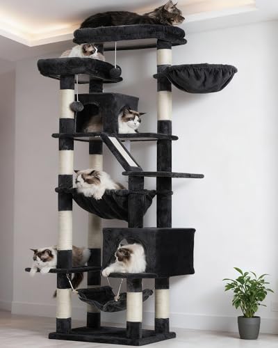 Heybly Cat Tree, 71-Inch-Tall Tower for Indoor Cats with 2 Perches, 2 Big Condos, 2 Hammocks, Basket, Scratching Pad, Large Cat Furniture and Condo, Smoky Gray HCT034G