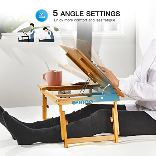 Huanuo Lap Desk- Fits Up To 15.6  Inch Laptop Desk, Foldable Bed Tray Breakfast Table With 5 Angles Tilting Top, Height Adjustable Laptop Stand With Storage Net #TOP1