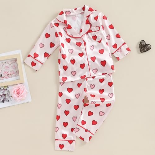 Valentines Day Pajamas for Toddler Girl Button Down Love Heart/Bow Long Sleeve Tops and Pants Little Girls Sleepwear (Valentine's Day Pink Red, 10-11 Years)2