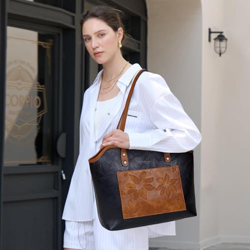 Image of Tote Bag for Women,Large Capacity Straw&Vegan Leather Tote Purses for Women,Shoulder Bags For Daily Travel Work Beach