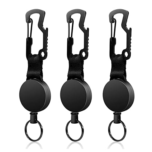 3 PCS Black Retractable Key Chains, Multifunction Heavy Duty Badge Holder Reel with Carabiner Wire Rope Bottle Opener