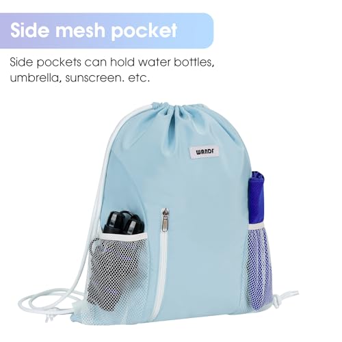 Image of WANDF Drawstring Backpack Sports Gym Sackpack with Mesh Pockets Water Resistant String Bag for Women Men(Light Blue)