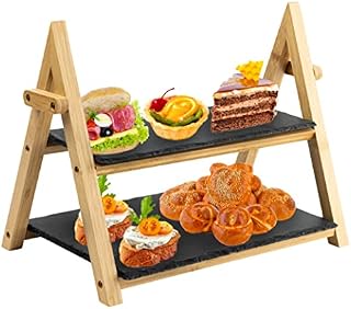 HEFTMAN 2 Tier Slate Cake Stand - Rustic Tiered Serving Platter for Afternoon Tea, Wood/Slate Foldable Food Display Stand - Serve Desserts, Sushi, Appetisers, Cakes, Cheese, Tapas, Meats (32cm x 41cm)