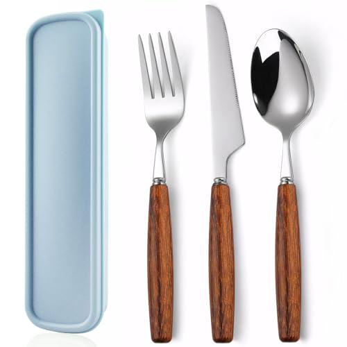 Juego de Vajilla para Acampar, Cubiertos Portátiles Cubiertos Viaje Acero Inoxidable,Cubiertos para Llevar con Tenedor Cuchara Cuchillo estuche cubiertos para llevar al Trabajo,Camping (Azul)