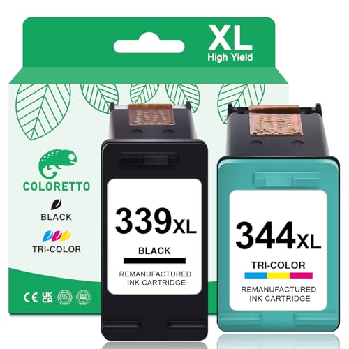 COLORETTO Wiederaufbereitet Tintenpatrone als Ersatz für HP 339XL 344XL 339 344 XL (1 Schwarz,1 Farbe) für DeskJet 5490 OfficeJet Pro K7103; PhotoSmart 2570 2710xi 8000 PhotoSmart Pro B8330 PSC 2305