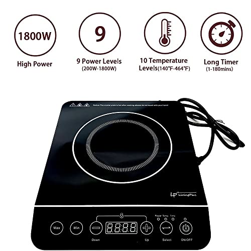 Lp Living Plus 1800W Electric Induction Cooktop Countertop Burner, 3 Hour Max Timer Setting, Auto Shut Off, Child Safety Lock #TOP1