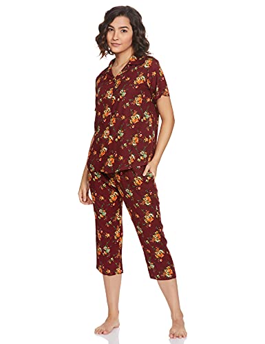 Image of Longies Women's Rayon Pyjama Night Suit Pajama Set (LCHSV001 Red011 M)