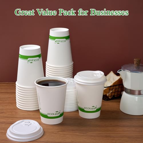ECOLipak 100 Count 12 oz Compostable Paper Coffee Cups, Biodegradable Disposable Coffee Cups with CPLA Lid, Eco-friendly Hot Drinking Cups for Party, Picnic, Travel, and Events - Thumbnail 7