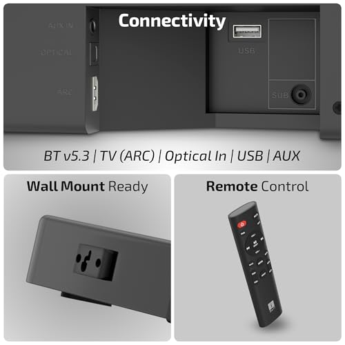 Image of iBall Cinebar 100 220W Soundbar, 2.1 Channel, Deep Bass, 16.5 cm Subwoofer, AuralSphere Surround Audio, Quad Driver Audio, BT v5.3, HDMI ARC, Optical, USB, AUX, LED Display, Wall Mountable, EQ Modes