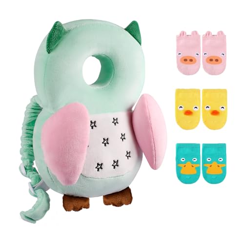 Image of Mounting UP Baby Toddler Walker Head Protector Backpack Adjustable Wear Head Protection Safety Pad Backpack with 3 Pairs Socks for Baby Toddler & Walker Walking & Crawling Cute Owl MTY WZ S4