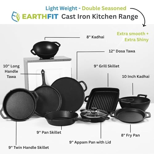 Image of EARTHFIT Cast Iron Appe Pan with Lid and Spatula, Paniyaram Pan, 9 Pit Twin Handle, Durable Paddu Maker Cookware for Traditional South Indian Dishes