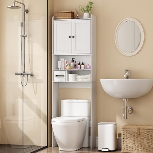 Over the Toilet Storage Cabinet, Tall Slim Bathroom Organizer with Doors, Adjustable Shelves & Built-in Toilet Paper Holder, Space-Saving Above Toilet Cabinet for Small Bathrooms(White)