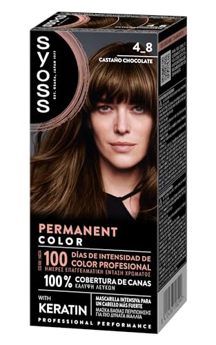 SYOSS Permanent Color 4-8 Castaño Chocolate, tinte de pelo y mascarilla con keratina, para una cobertura profesional de canas, color duradero y cuidado intensivo