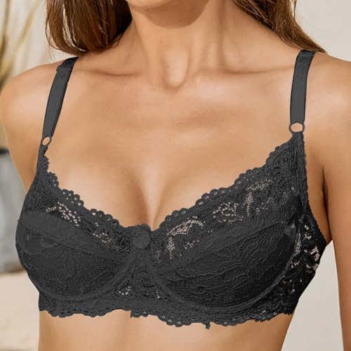 Générique Classic Women's Comfortable Lace Underwired Bra with Adjustable Thin Cups, Perfect for Everyday Use and Versatile Style Options, Black, 28B - Image 2