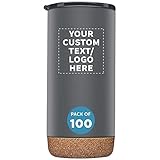 Custom Travel Tumblers with Cork Bottom, 100 pack, Customizable Text, Logo, Double Wall Insulated...