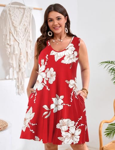 Image of JollieLovin Women Plus Size Curvy Summer Tank Sun Dresses Sleeveless Causal T-Shirt Dress Beach Swing Cover up(L-5X)