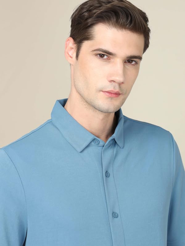 Image of TECHNOSPORT Men's Black Solid Regular Fit Spread Collar Casual Shirt with TECHNOCOOL+