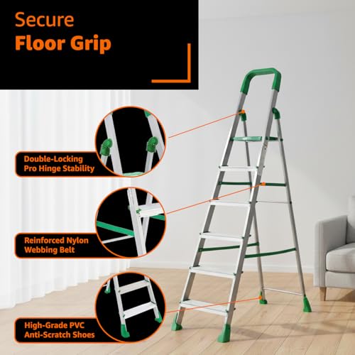 Image of Amazon Basics Clamber Pro - Foldable Step Ladder, Firm Grip, 6 Steps (Aluminium Steps, Green & Satin)