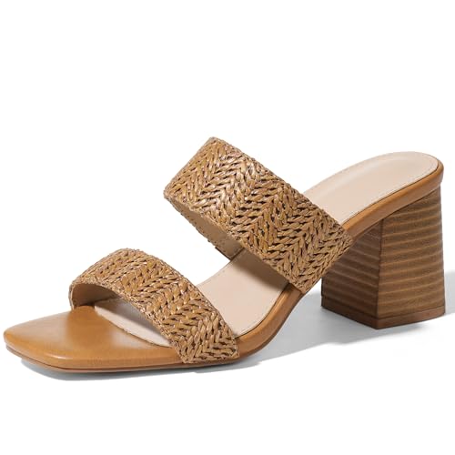 Image of Ancomafio Heeled Sandals for Women Raffia Sandals 2025 Chunky Block Heels Square Open Toe Heels Double Strap Summer Dressy Shoes Slip On