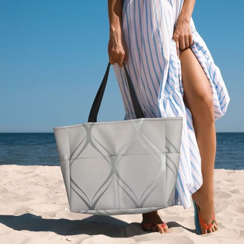Sac de plage gris argent chic avec poignées et motif géométrique - 2