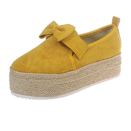 Hbeylia Espadrilles Platform Sneakers for Women Fashion Bowknot Round Toe Chunky Bottom High Heels Canvas Shoes Anti Slip Trendy Slip On Walking Loafers for Outdoor Travel