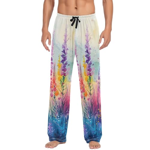 Men's Pajama Pants Colorful Flowers Painting Sleep Pajama Lounge Pant with Pockets, Elastic Waistband