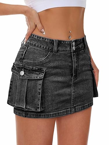 Mancreda Women Denim Cargo Skirt Mini Low Waist Button Bodycon Y2K Flap Pockets Skirts
