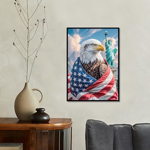 Image of 4th of July DIY 5D Diamond Painting Kits for Adults, American Flag Eagle Diamond Art Kits for Adults, Statue of Liberty DIY Full Drill Round Diamond Painting Patriotic Wall Decor 12x16 Inch