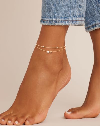 Image of NECOCY Initial Heart Diamond Anklets for Women Waterproof, Non Tarnish 14k Gold Plated Letter Ankle Bracelets Dainty, Summer Beach Bikini Jewelry Gifts for Women