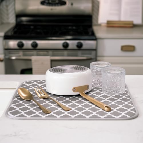 Image of S&T INC. Dish Drying Mat, 16 inch x 18 inch, Absorbent Microfiber Kitchen Counter Mat, Dish Drying Pad for Dishes, Utensils, Pots and Pans, Large, White Trellis