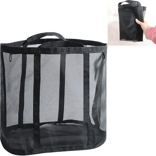 ランドリーバッグ ランドリーバスケット 収納バスケット メッシュバッグ 大容量 折りたたみ 通気性 取っ手付き メッシュ 軽量 持ち運び簡単 丈夫 壁掛け ランドリー収納 家庭用 旅行 (ブラック)